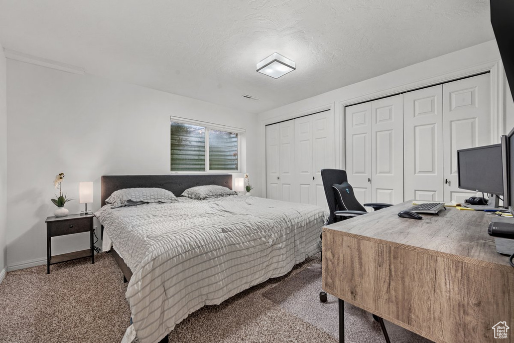 Bedroom featuring two closets, carpet flooring, an office area, and baseboards