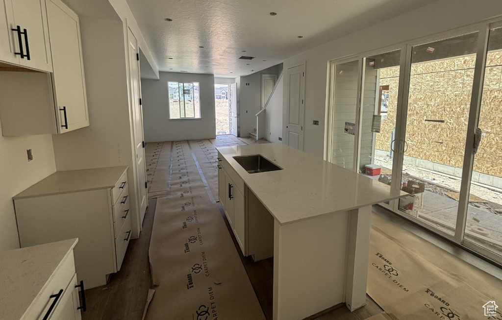 Kitchen with white cabinetry and a center island with sink