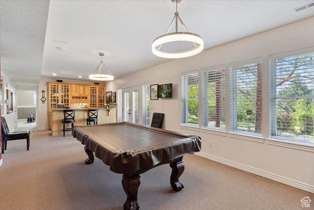 Playroom featuring plenty of natural light, light colored carpet, and baseboards