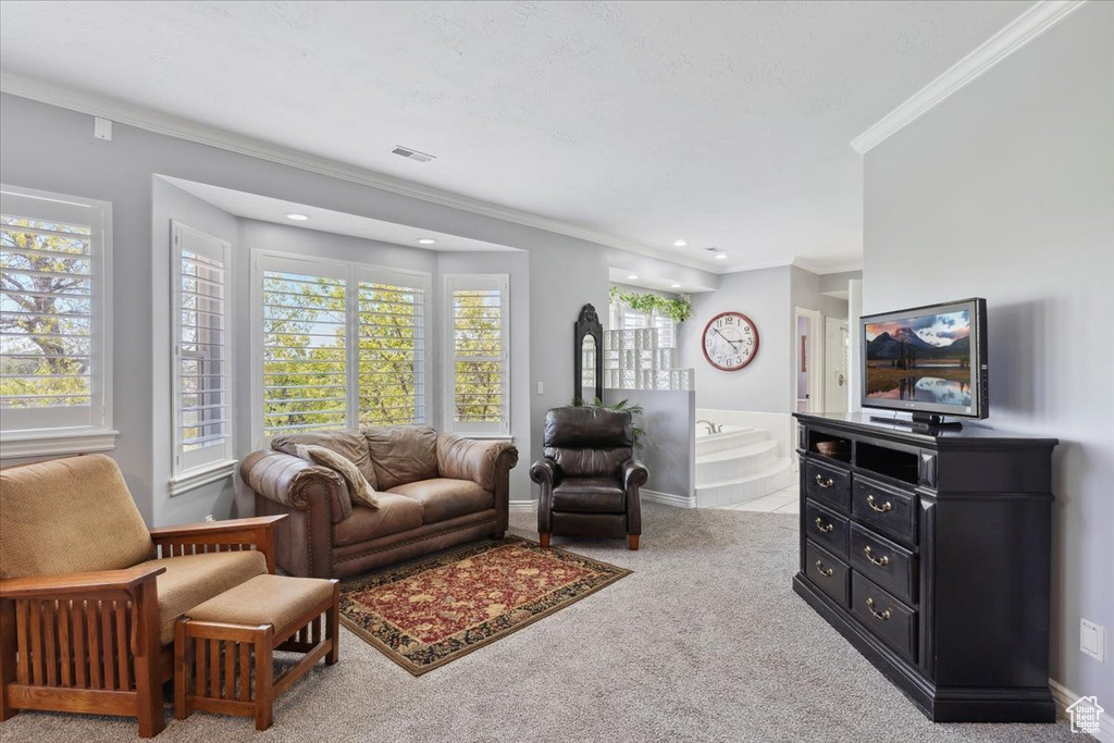 Living room with crown molding, carpet flooring, recessed lighting, and baseboards