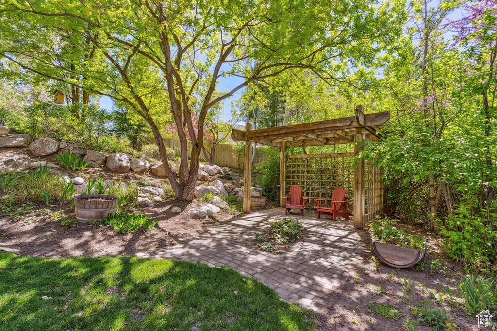 Fenced yard with a patio area and a pergola