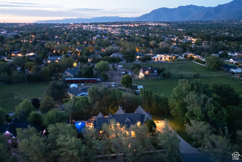 Aerial view at dusk of a mountain view