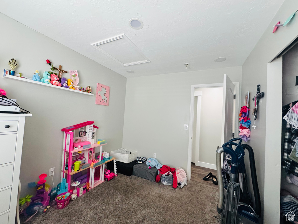 Playroom with attic access and carpet