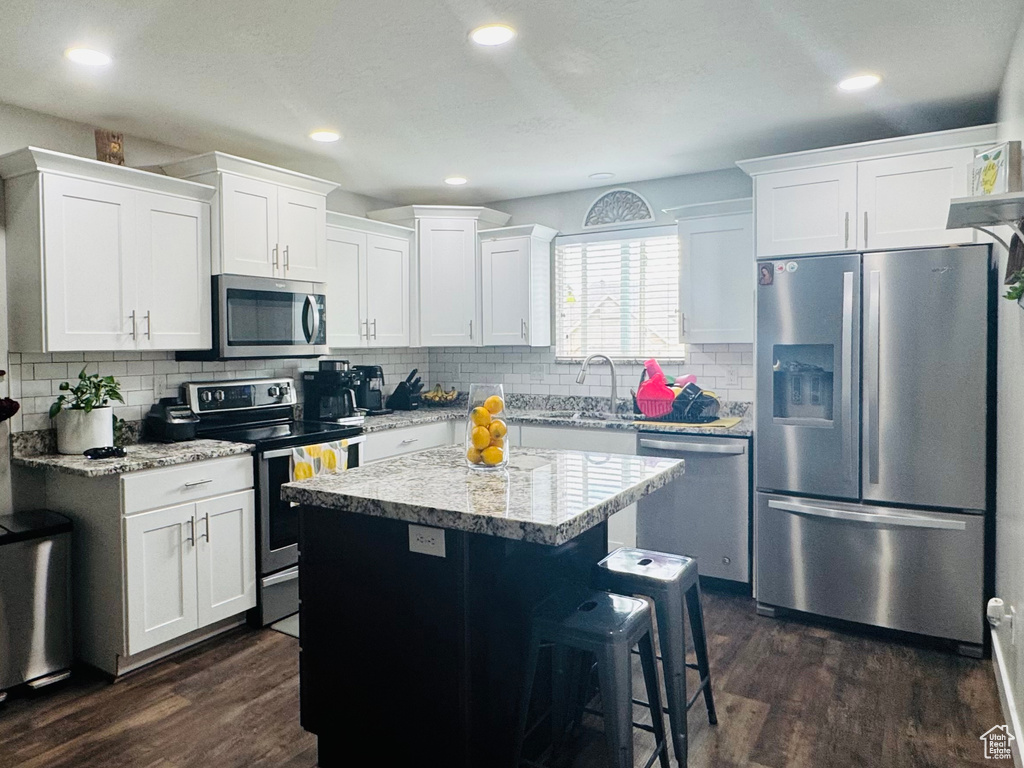 Kitchen with appliances with stainless steel finishes, a sink, dark wood-type flooring, backsplash, and recessed lighting