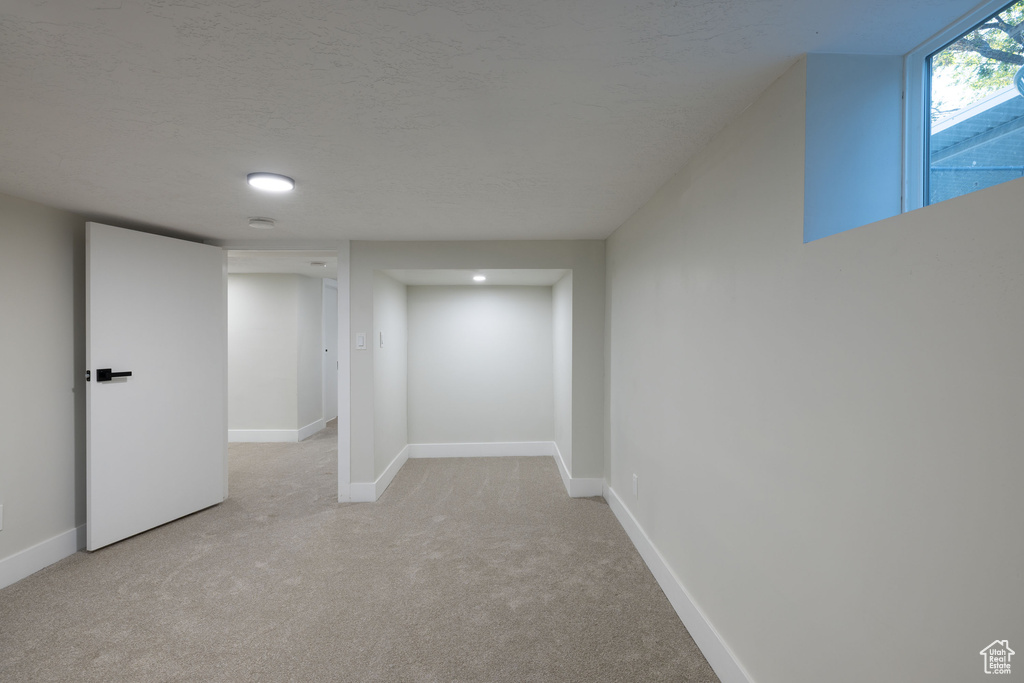 Below grade area with light colored carpet and baseboards