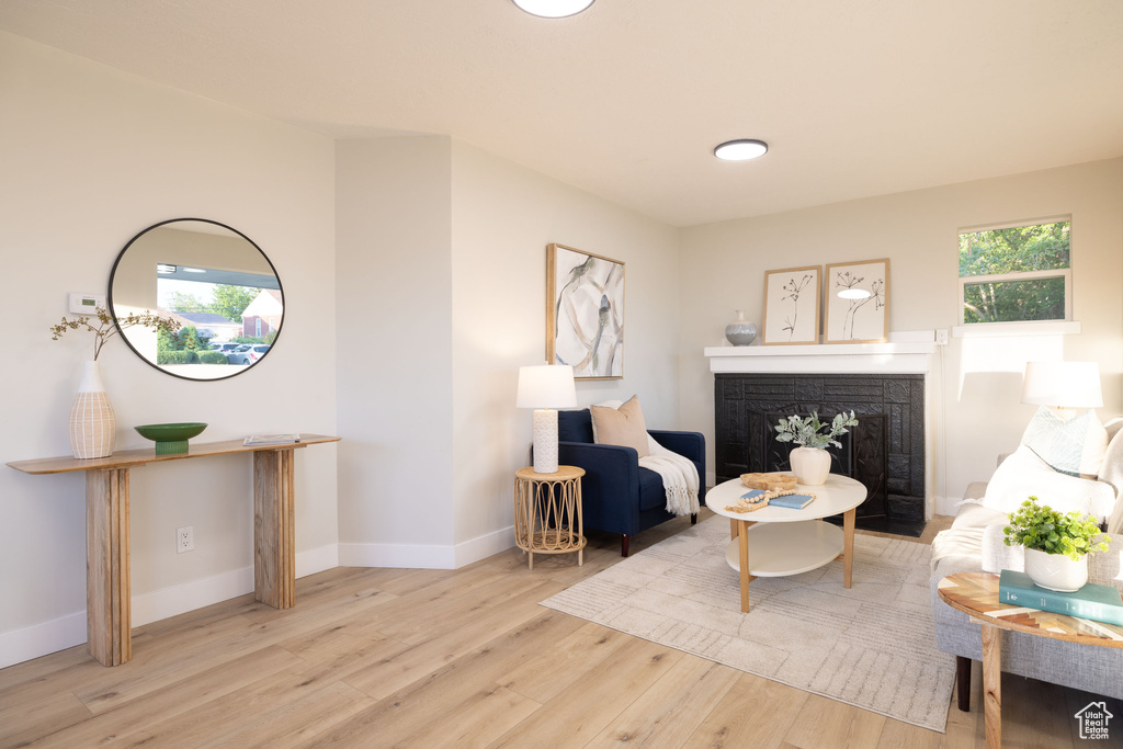 Sitting room with wood finished floors, a fireplace, and baseboards