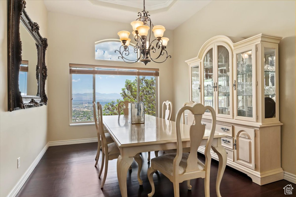 Dining space with a chandelier, baseboards, dark wood-style flooring, and a mountain view