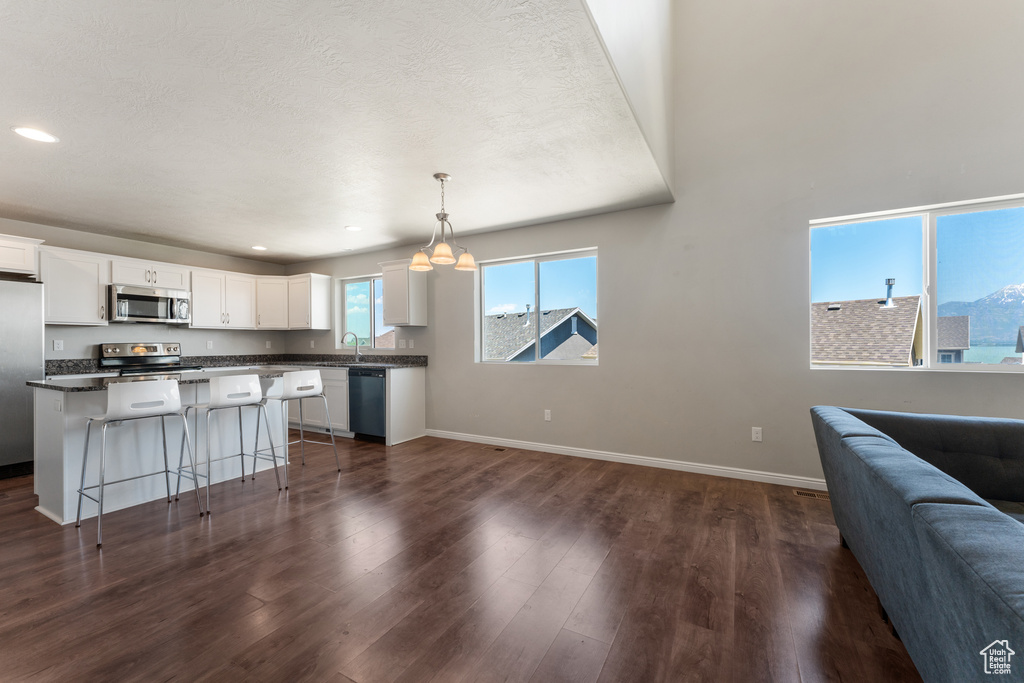 Kitchen featuring stainless steel appliances, open floor plan, white cabinetry, dark countertops, and a kitchen island