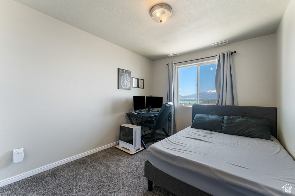 Bedroom featuring carpet flooring, baseboards, and a desk