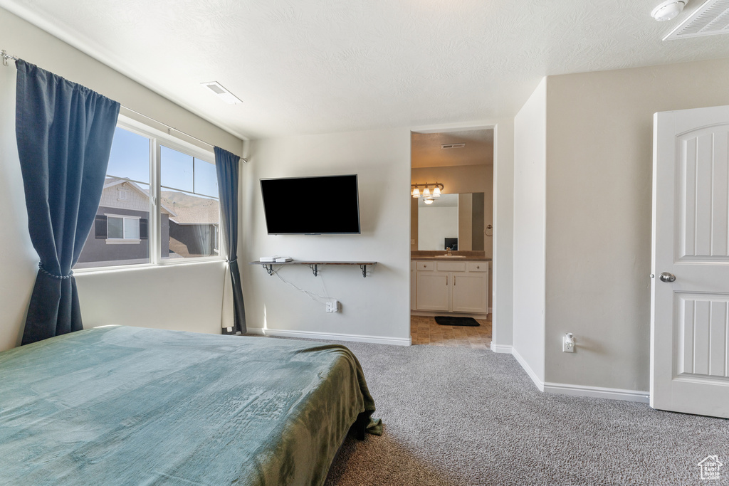 Carpeted bedroom with baseboards and ensuite bath