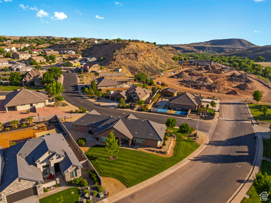 Aerial perspective of suburban area with mountains