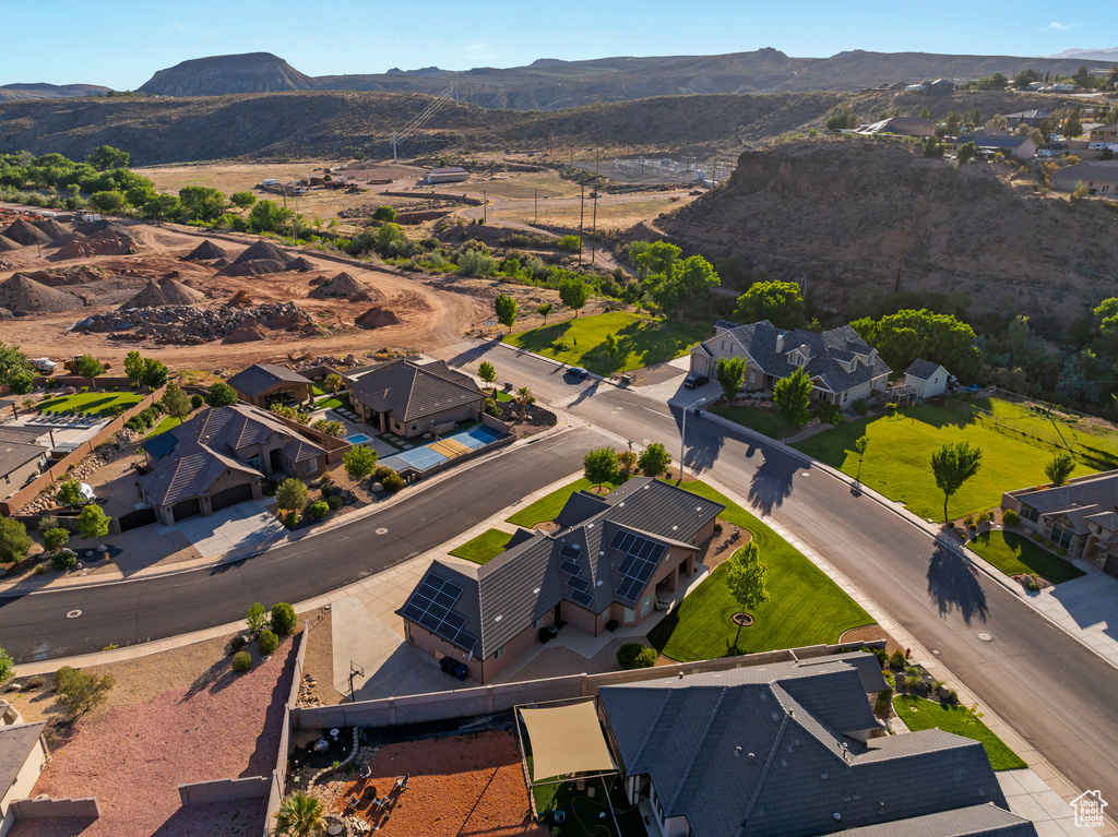 Aerial view of residential area with mountains