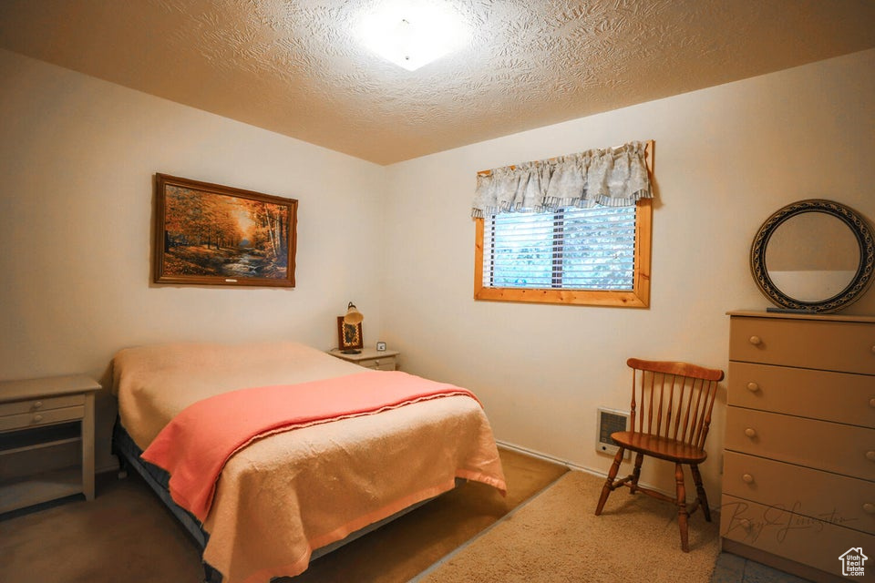 Carpeted bedroom featuring a textured ceiling