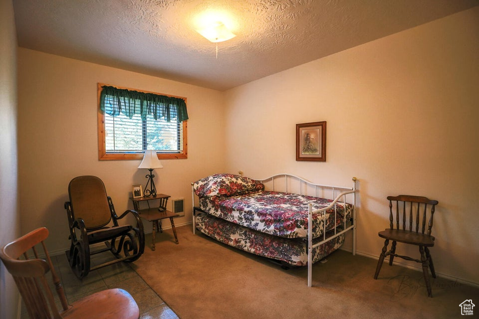 Bedroom featuring a textured ceiling and carpet