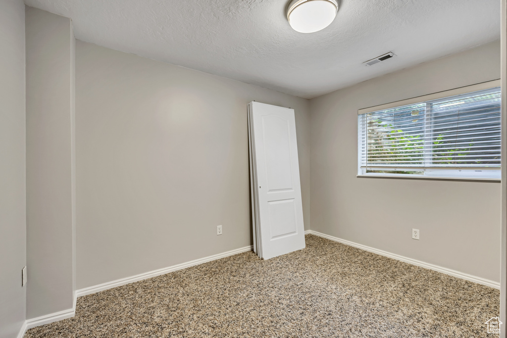 Empty room featuring a textured ceiling, baseboards, and carpet