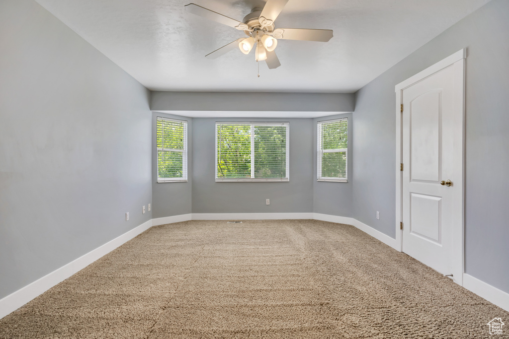 Carpeted spare room with plenty of natural light, ceiling fan, and baseboards