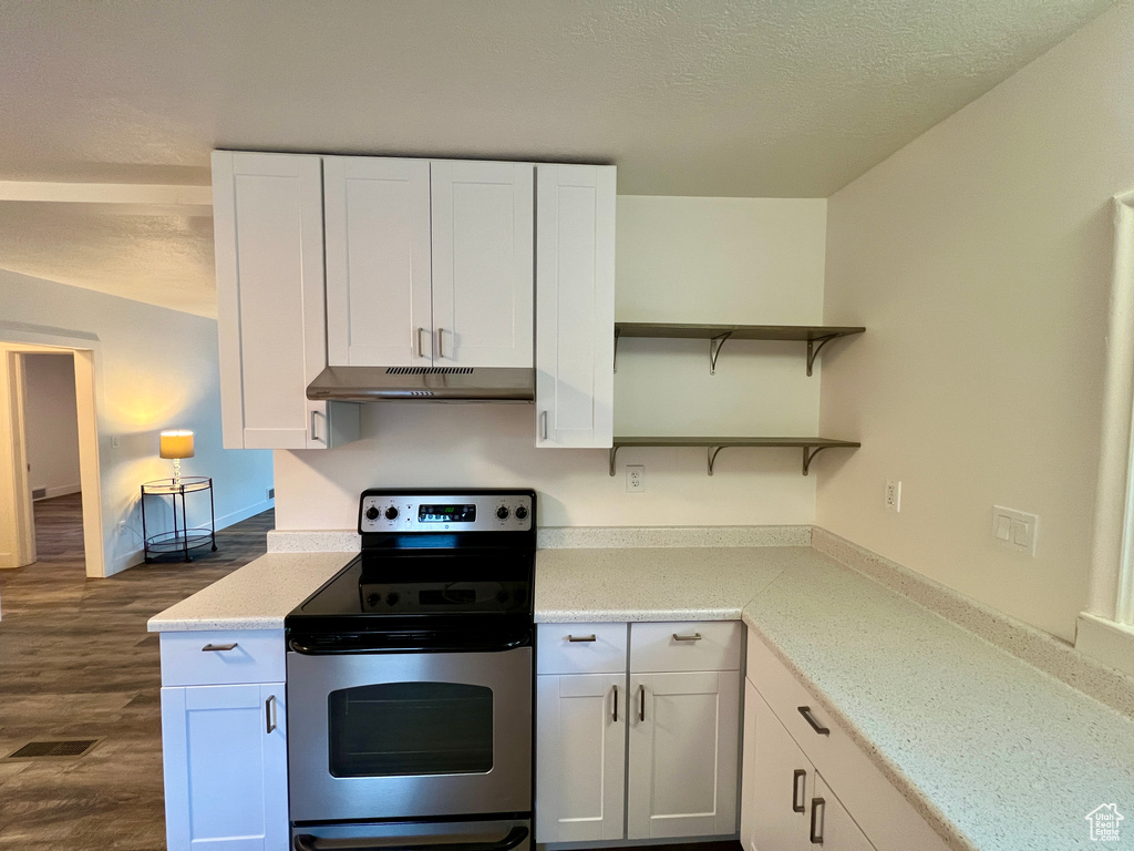 Kitchen with stainless steel range with electric stovetop, under cabinet range hood, open shelves, dark wood-type flooring, and white cabinetry