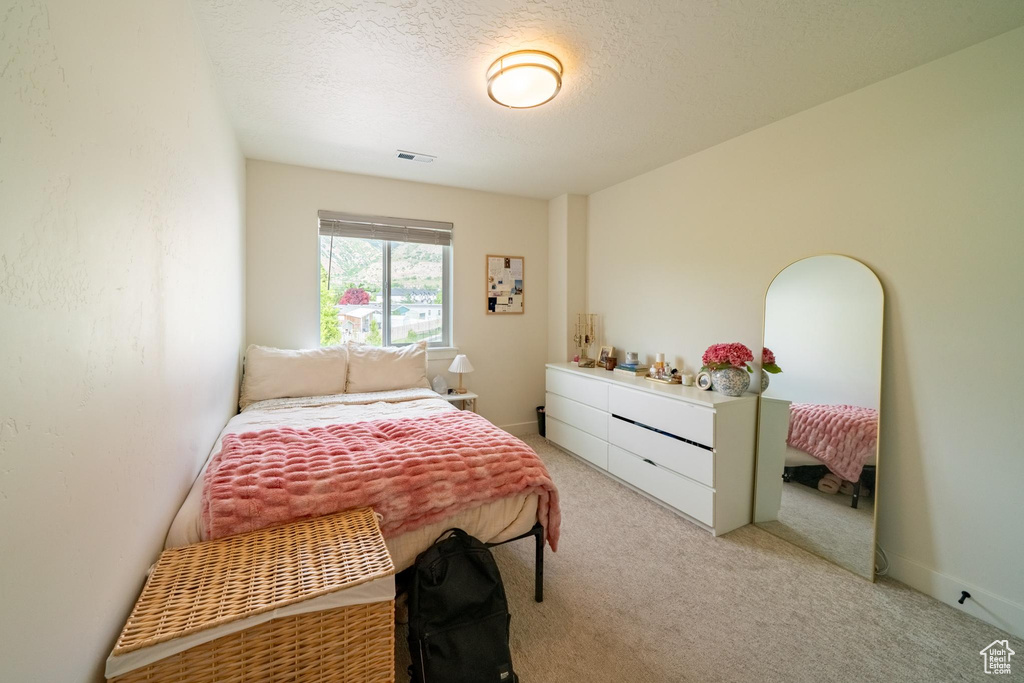 Bedroom with carpet and a textured ceiling