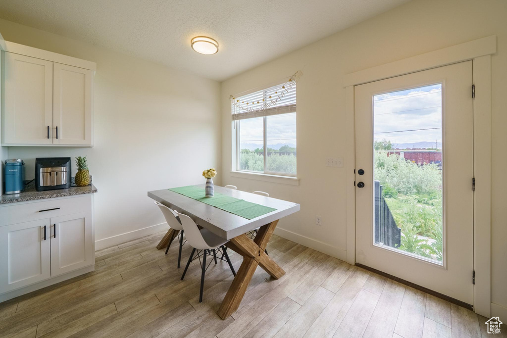 Dining room with light wood-type flooring and baseboards