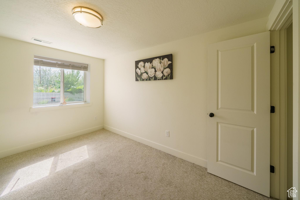 Empty room with carpet, baseboards, and a textured ceiling