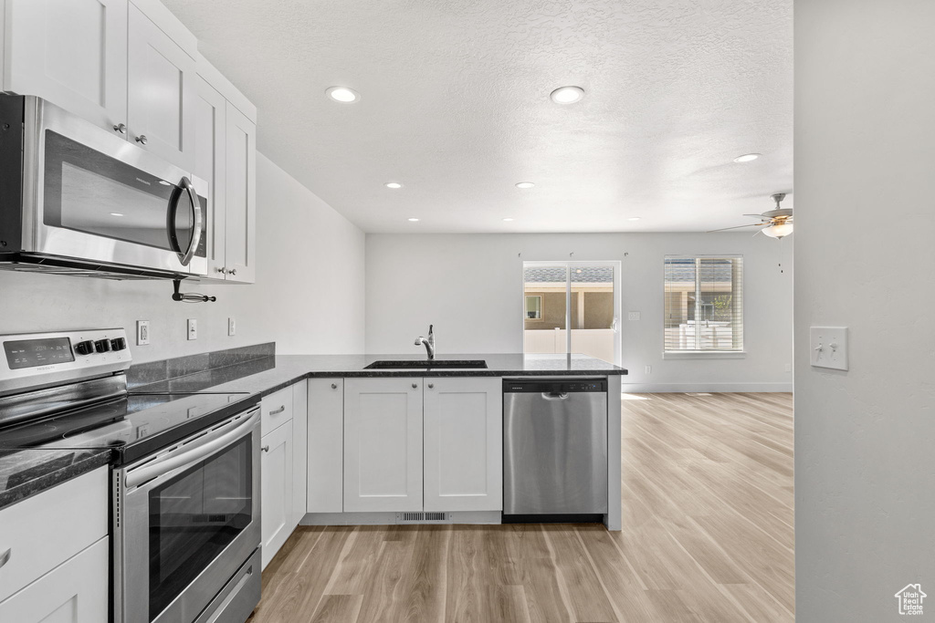 Kitchen with appliances with stainless steel finishes, a sink, a peninsula, light wood-style flooring, and recessed lighting
