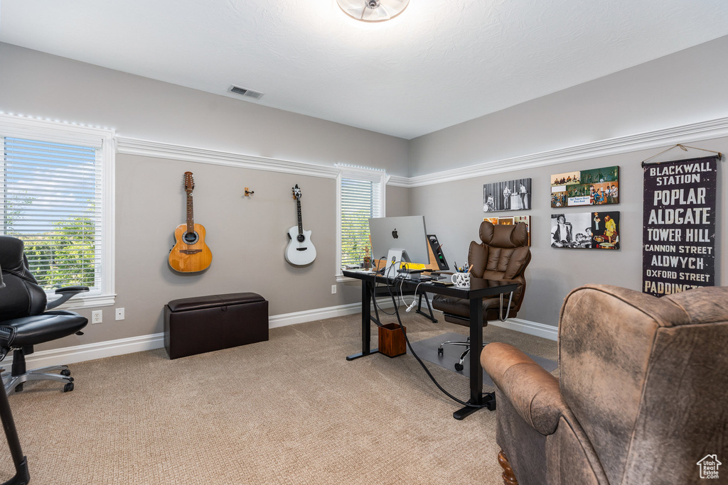 Office space featuring baseboards and light colored carpet