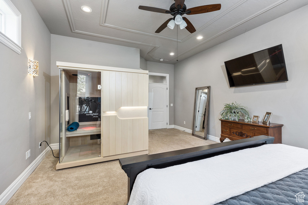 Carpeted bedroom featuring recessed lighting, baseboards, attic access, a closet, and a ceiling fan