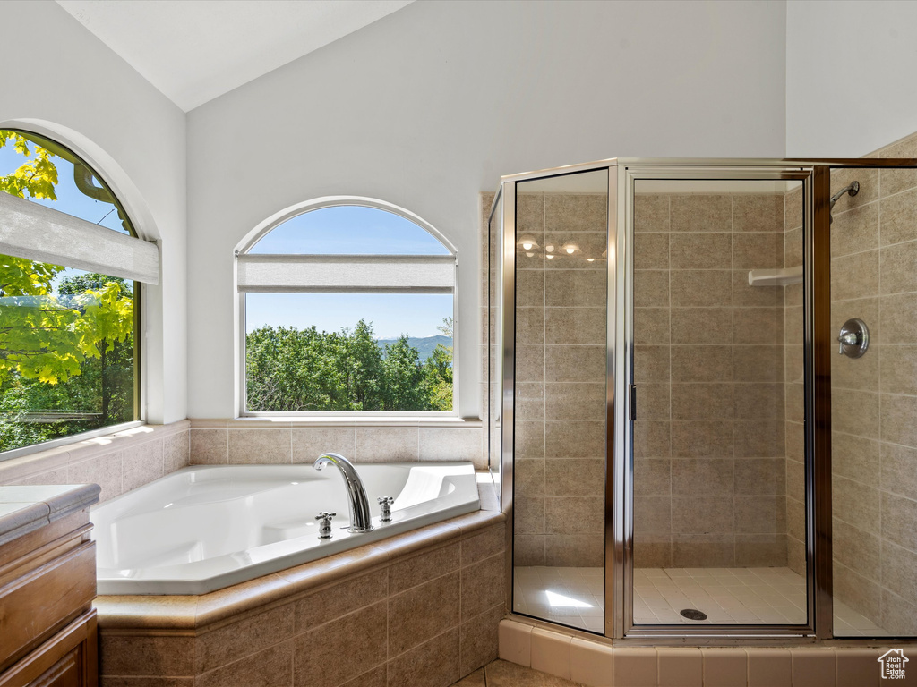 Full bathroom with plenty of natural light, a bath, a stall shower, lofted ceiling, and vanity