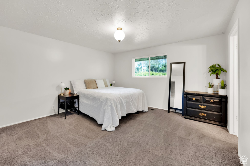Carpeted bedroom with a textured ceiling and baseboards