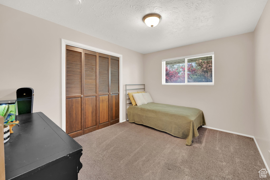 Carpeted bedroom featuring a closet, a textured ceiling, and baseboards