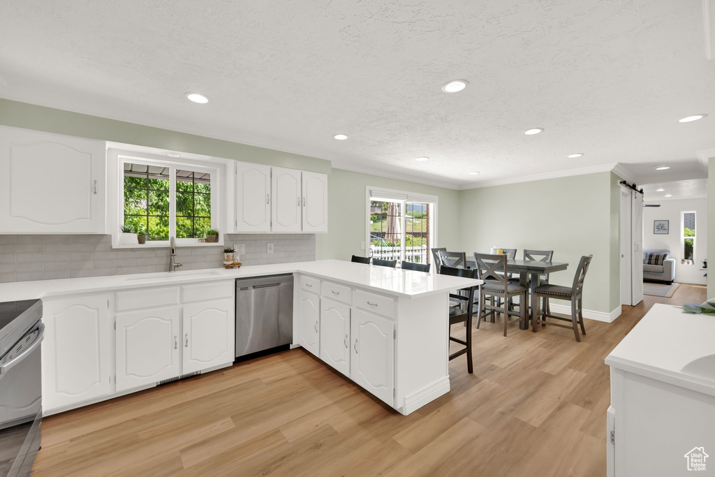 Kitchen featuring stainless steel dishwasher, a sink, a peninsula, decorative backsplash, and white cabinets