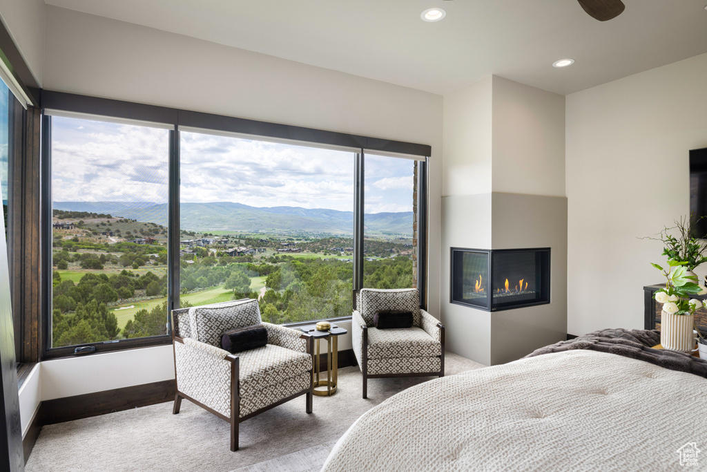 Carpeted bedroom with a glass covered fireplace and recessed lighting