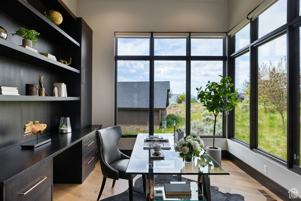 Office area featuring healthy amount of natural light, light wood-style floors, and built in features