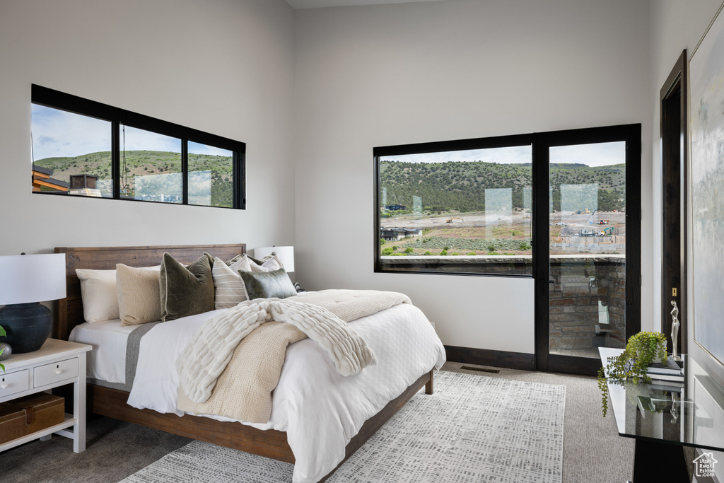 Bedroom with multiple windows, carpet flooring, and a towering ceiling