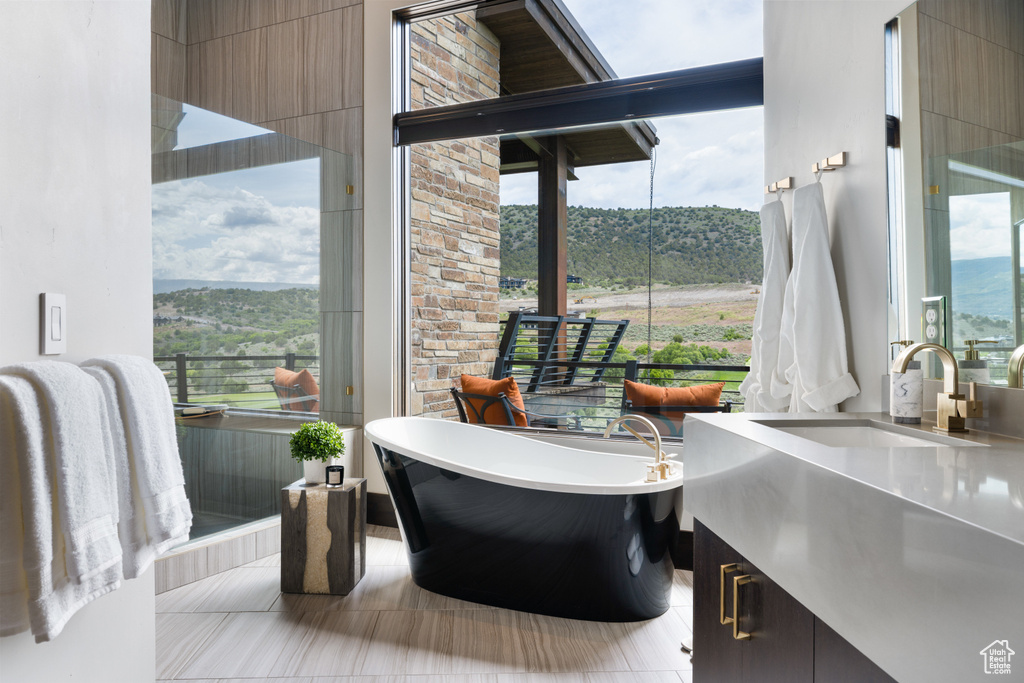 Bathroom featuring vanity, a freestanding tub, plenty of natural light, and tile patterned floors