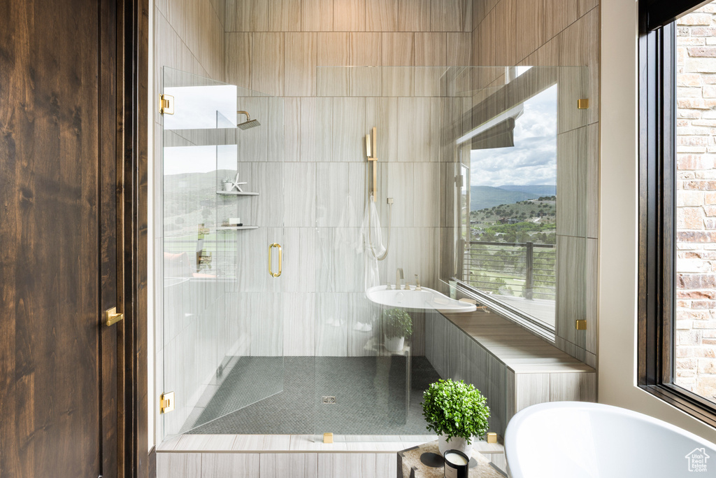 Full bathroom with a shower stall, a freestanding bath, and plenty of natural light