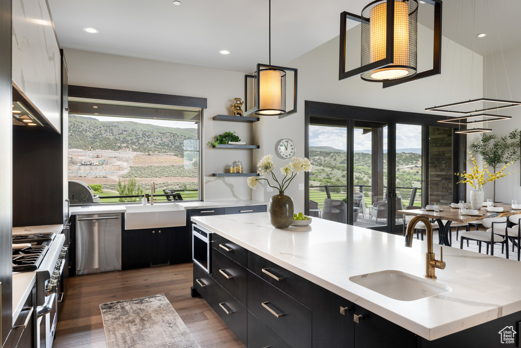 Kitchen with a sink, dark cabinetry, appliances with stainless steel finishes, plenty of natural light, and high vaulted ceiling