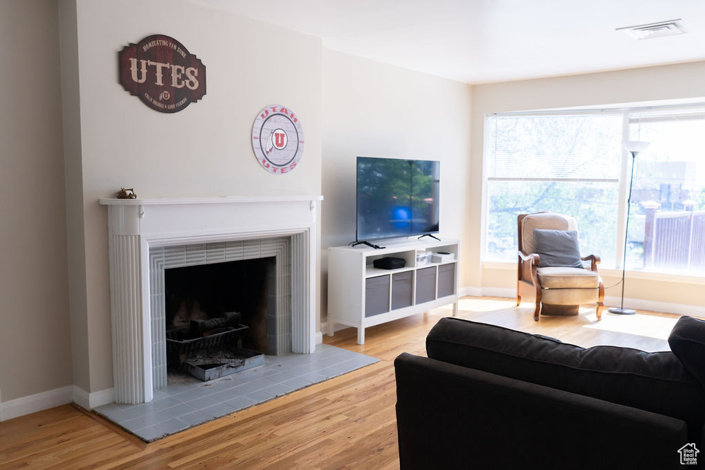 Living room with wood finished floors, a fireplace with raised hearth, plenty of natural light, and baseboards