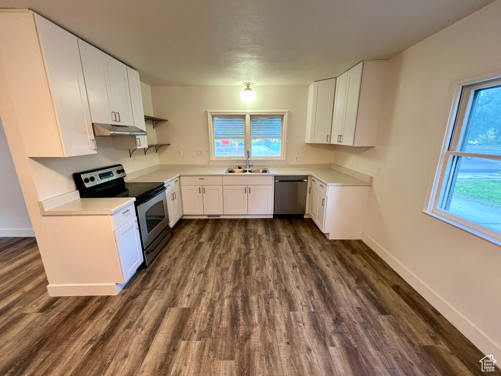 Kitchen with stainless steel appliances, a sink, dark wood-type flooring, light countertops, and under cabinet range hood