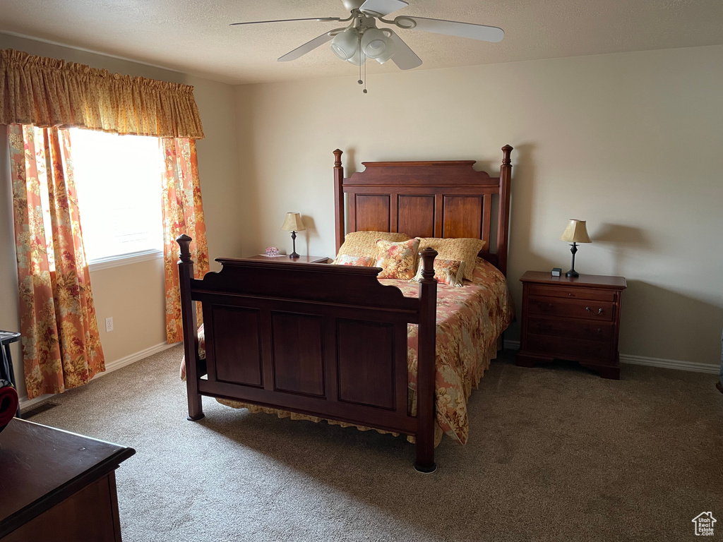 Carpeted bedroom with a ceiling fan and baseboards