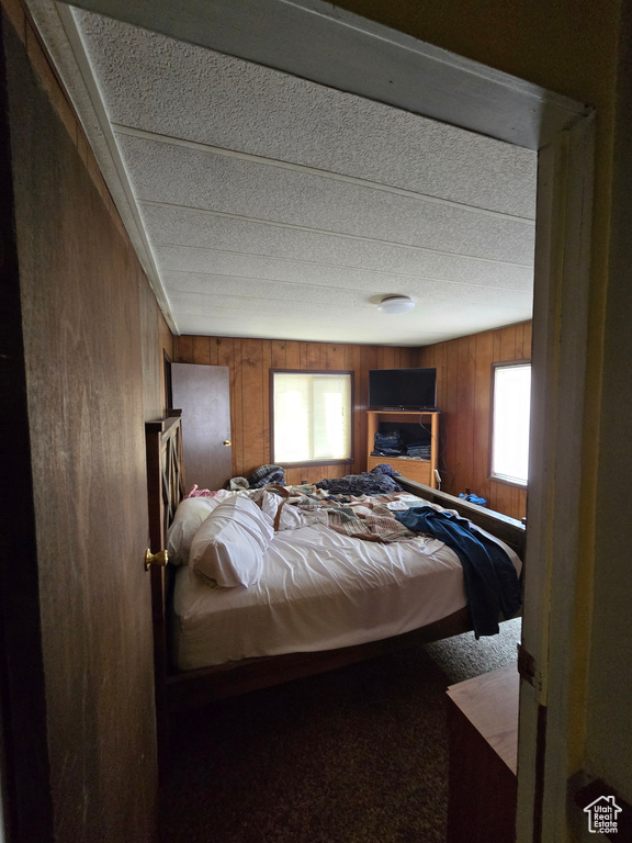 Carpeted bedroom with wooden walls
