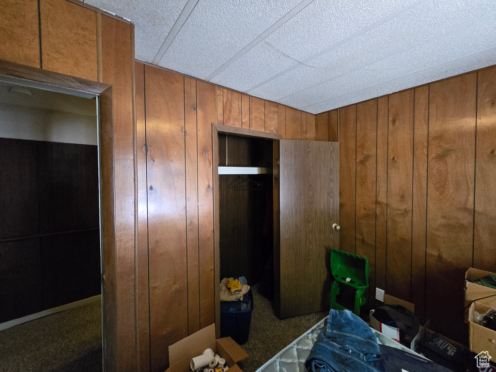 Carpeted bedroom with wooden walls
