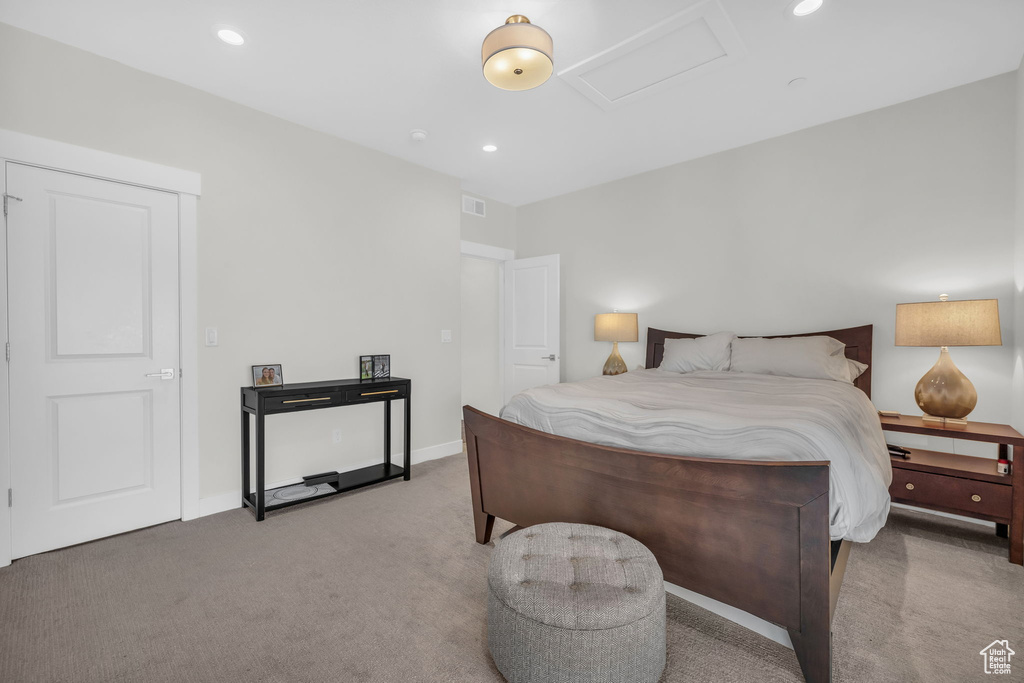 Bedroom featuring carpet flooring, attic access, recessed lighting, and baseboards