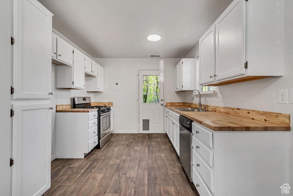 Kitchen featuring a sink, appliances with stainless steel finishes, dark wood-style flooring, wood counters, and baseboards