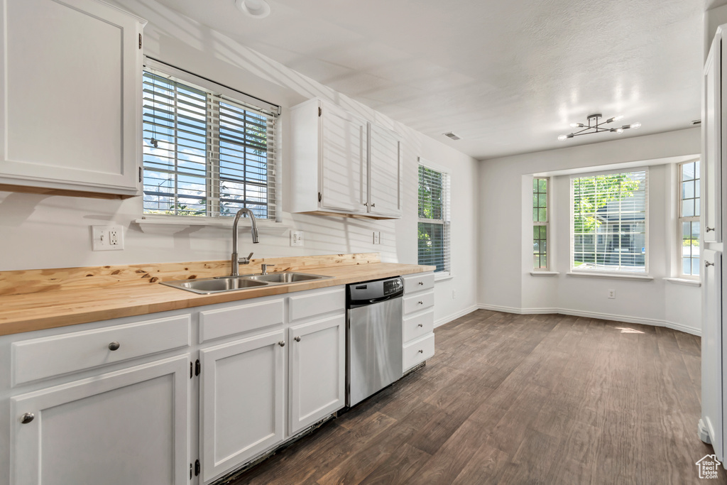 Kitchen with dishwasher, a sink, dark wood-type flooring, butcher block counters, and plenty of natural light