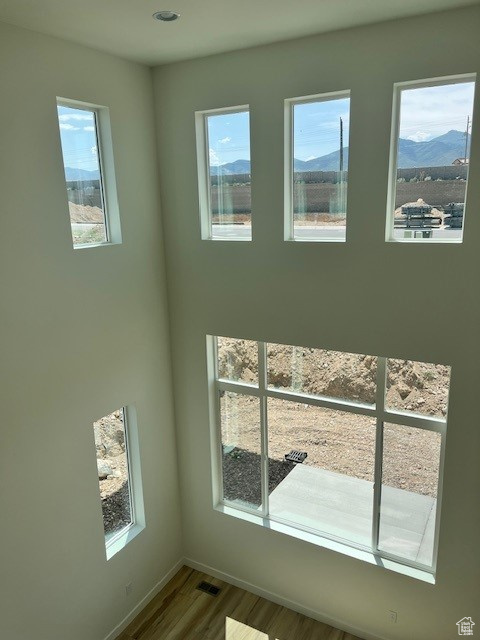 Detailed view of wood finished floors and a mountainous background