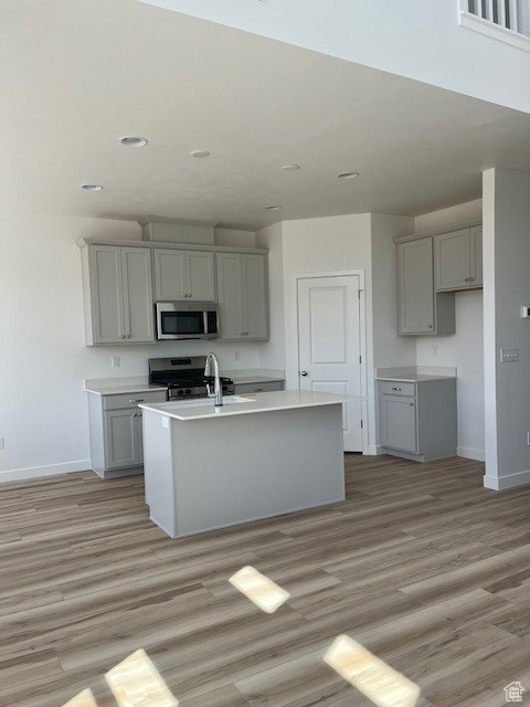 Kitchen with stainless steel appliances, gray cabinetry, a kitchen island with sink, light wood-style flooring, and recessed lighting