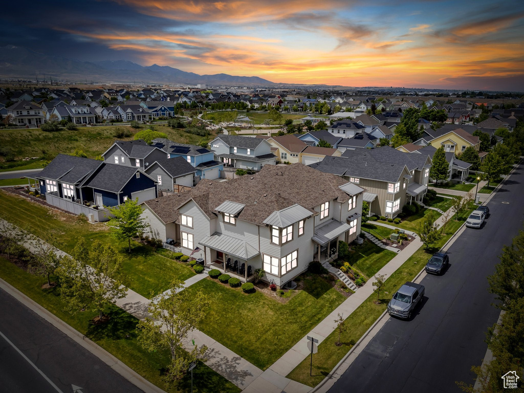 Aerial perspective of suburban area with mountains