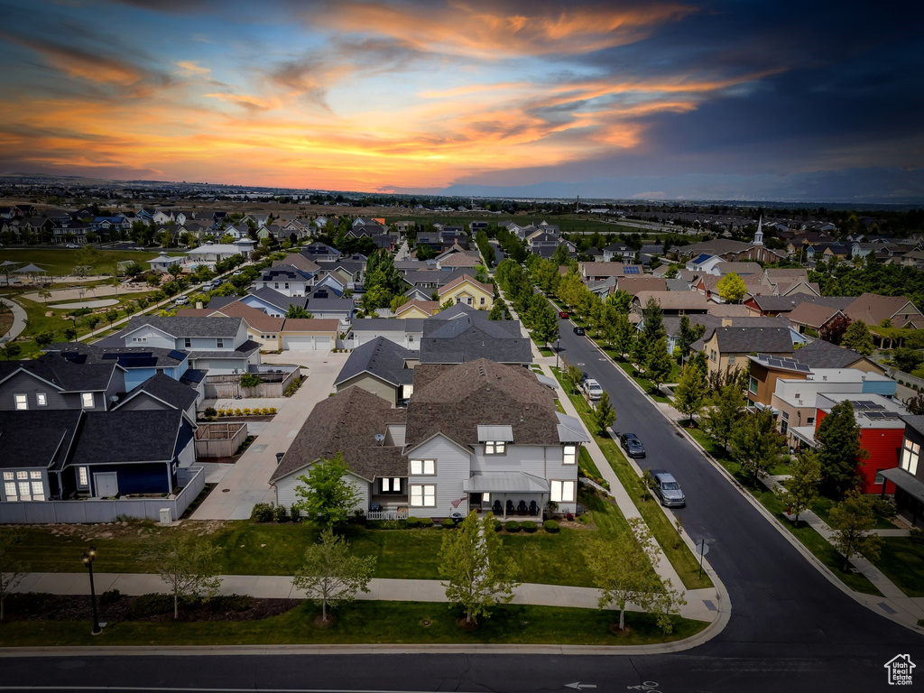 Aerial view at dusk of a residential view