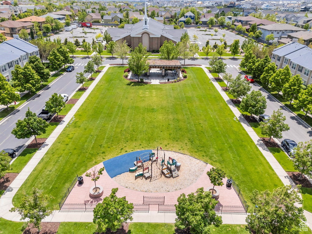 Aerial view of residential area with a community park